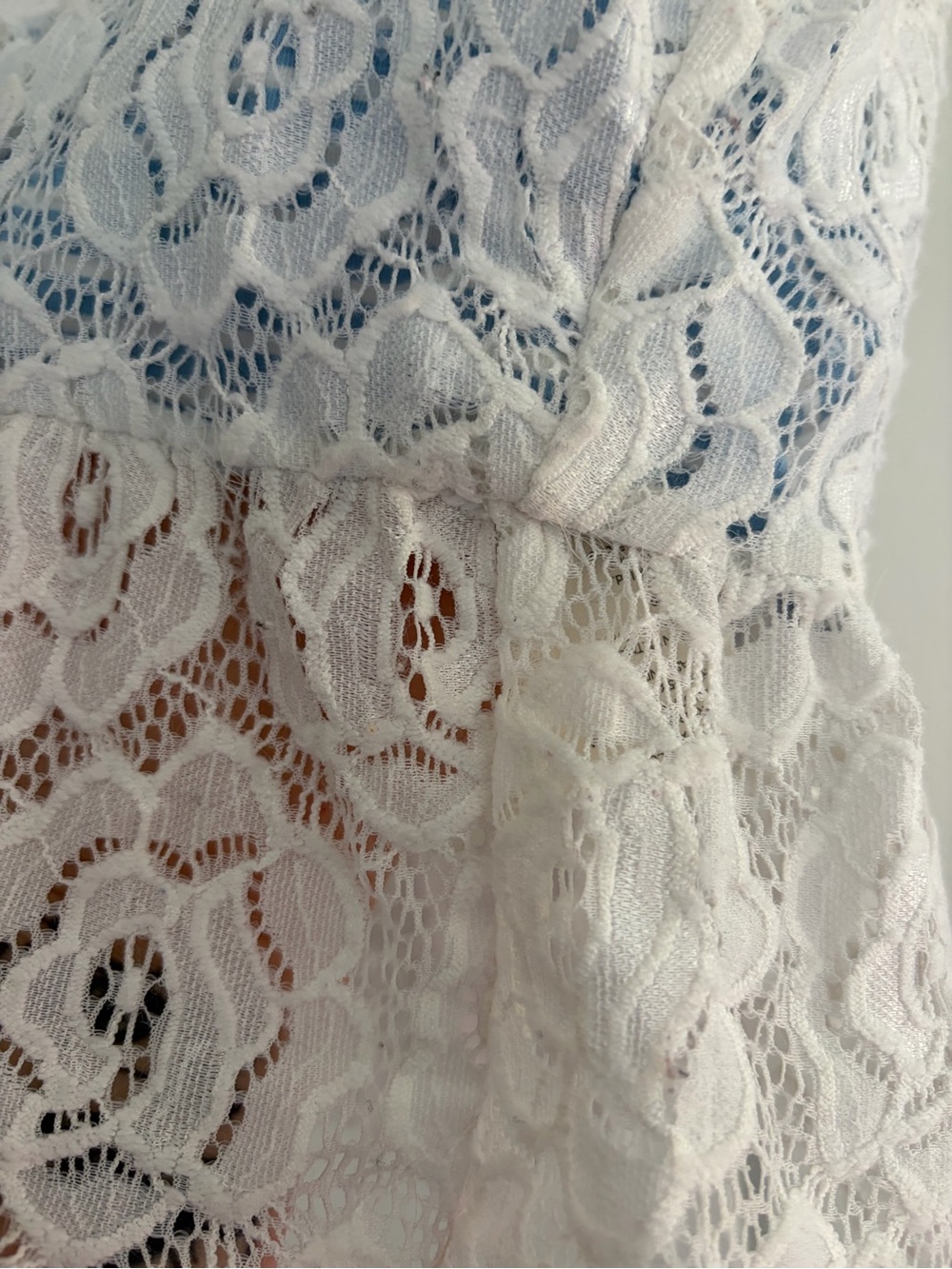 Anthropologie Maeve White Lace Peplum Crop Top with Light Blue Underlay - Picture 12 of 15